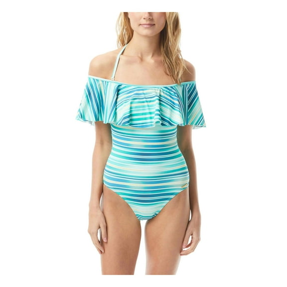VINCE CAMUTO SWIM Women's Teal Striped Stretch Removable Cups Lined Moderate Coverage Ruffled Off The Shoulder One Piece Swimsuit 4