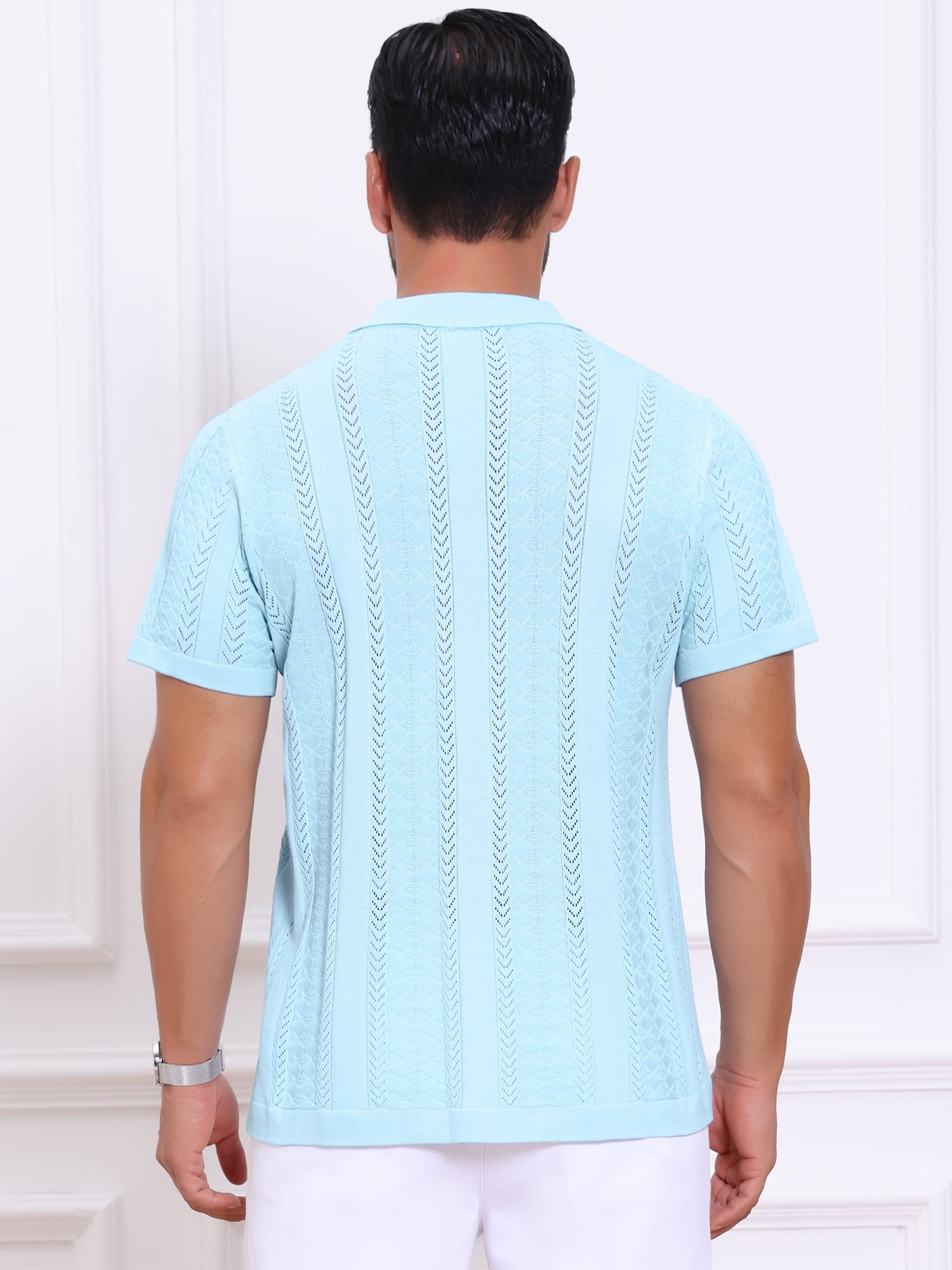 DARING DIVA Men's Hollow Knitted Shirt Short Sleeve Button Down Striped Shirts 2XL Blue
