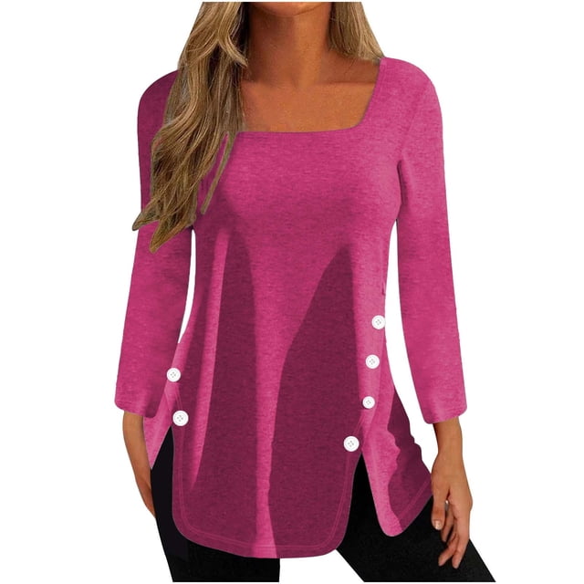 Timegard Womens Tops Square Neck Button Long Sleeve Solid Color Blouses Casual Comfy Loose Tee Tops
