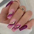 thumbnail image 1 of 24Pcs Press on Nails Square French Tip False Nails Medium Length Purple Stick on Nails with Gold Glitter Design Reusable Acrylic Artificial Elegant Fa, 1 of 5