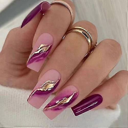 24Pcs Press on Nails Square French Tip False Nails Medium Length Purple Stick on Nails with Gold Glitter Design Reusable Acrylic Artificial Elegant Fa