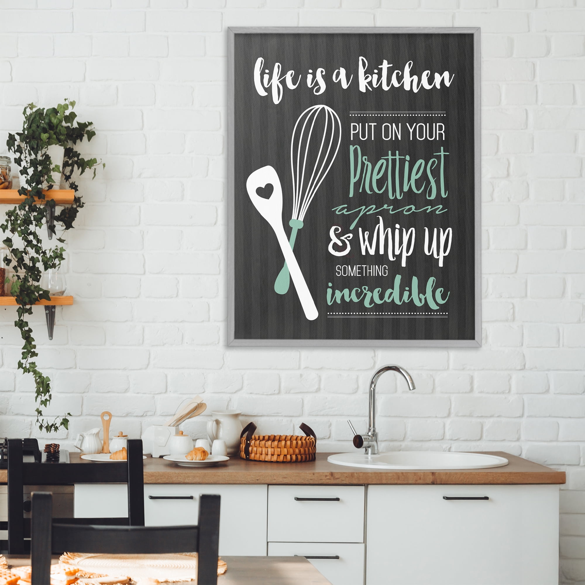 Life Is A Kitchen Motivational Gray Framed Giclee Art, design by Lettered and Lined
