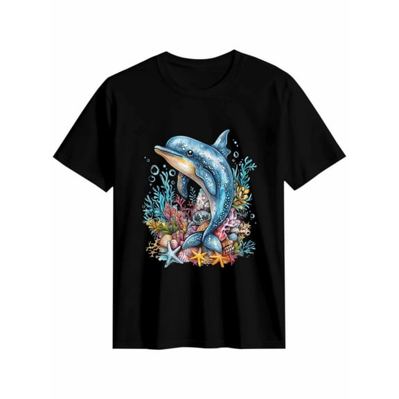 Women's T-Shirt Dolphin Starfish Short Sleeve Casual Tee Classic Crew Neck T Shirt for Women Black, S