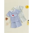 thumbnail image 3 of BemeyourBBs Toddler Baby Boys Summer Clothes Mothers Day Outfit I love Mom Letters Embroidery Short Sleeve Waffle Striped T Shirts with Pockets Shorts 2Pcs Set, 3 of 9
