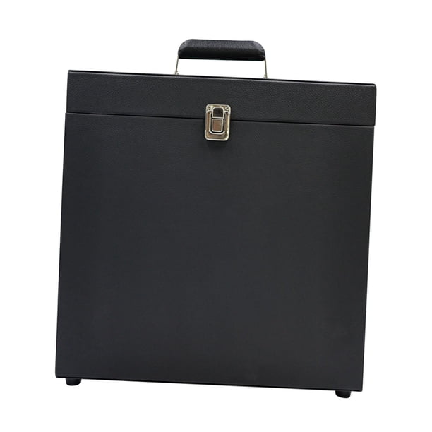 Caja organizadora de discos de vinilo de cuero sintético con cierre de hebilla para guardar discos. negro