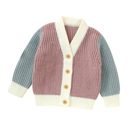 

Top Coat for Baby Toddler Kids Girls Boys Patchwork Long Sleeve V Neck Sweaters Warm Jacket Cotton Knit Cardigan Button Closure Coat Outwear Pink 86