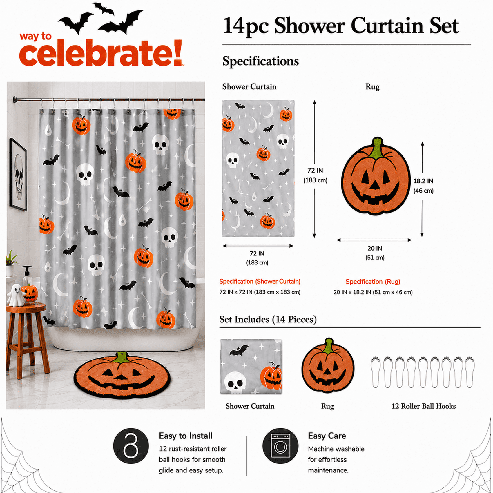 Way to Celebrate Skull & Bones 14-Piece Bath Set with Curtain, Bath Rug, and Hooks, 72" x 72" & 21" x 18"