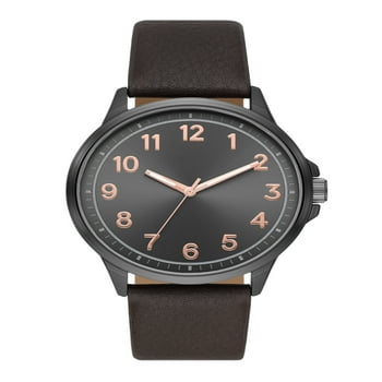 George Men's Watch with metal Tone Round Case, Black Easy Read Dial and Brown Textured Vegan Leather Band