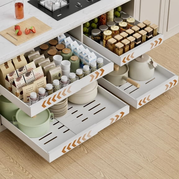 1 Pack Expandable Pull Out Cabinet Organizer, 16.5'' Deep Pull Out Drawers for Cabinet, Upgrade 3 Slide Rails Sliding Drawers for Cabinet with Adhesive Nano Film (White, 16.5"D x 12"-20"W)