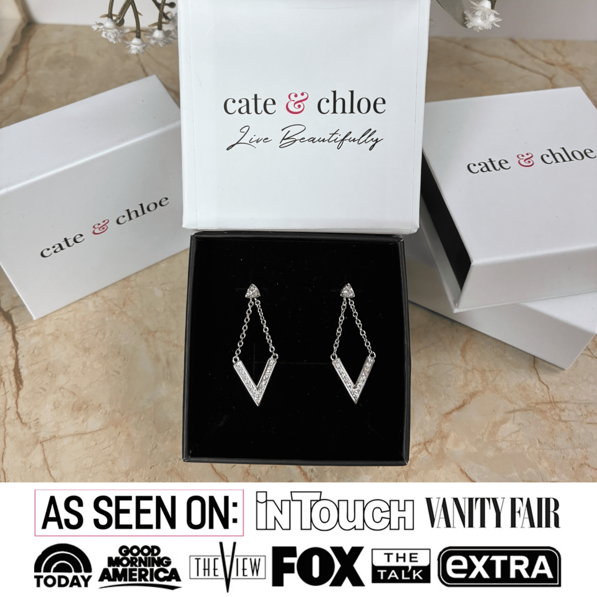Cate & Chloe Francesca 18k White Gold Plated V Shape Drop Earrings with Swarovski Crystals for Women