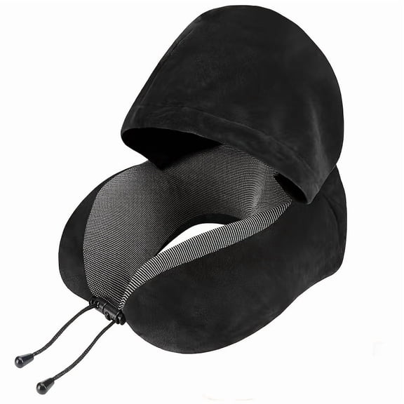 Memory Foam Travel Neck Pillow with Hood, Ergonomic U-Shaped Neck Support Pillow for Airplane, Car, Office Napping, Soft Comfortable Headrest Pillow with Hood for Travel, Sleeping, Rest