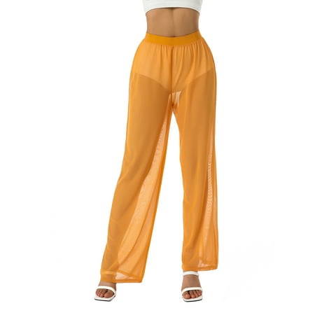 Sunisery Women Wide Leg Trousers See Through Sheer Mesh Pants Beach Swimsuit Bikini Bottom Cover up High Waist Pants
