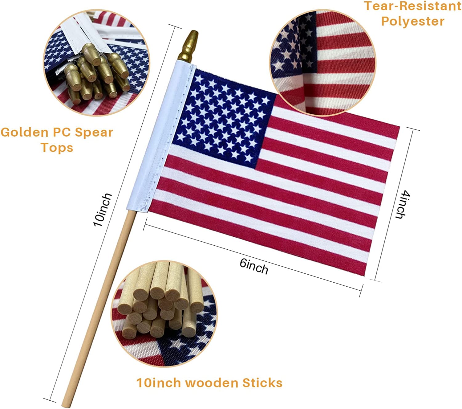 FLAGWIN 50 Pack Small American Flags on Stick 4x6 in Mini American Flag  with 10 Inch Wooden Stick and Spear Finial USA Stick Flag Made in USA 