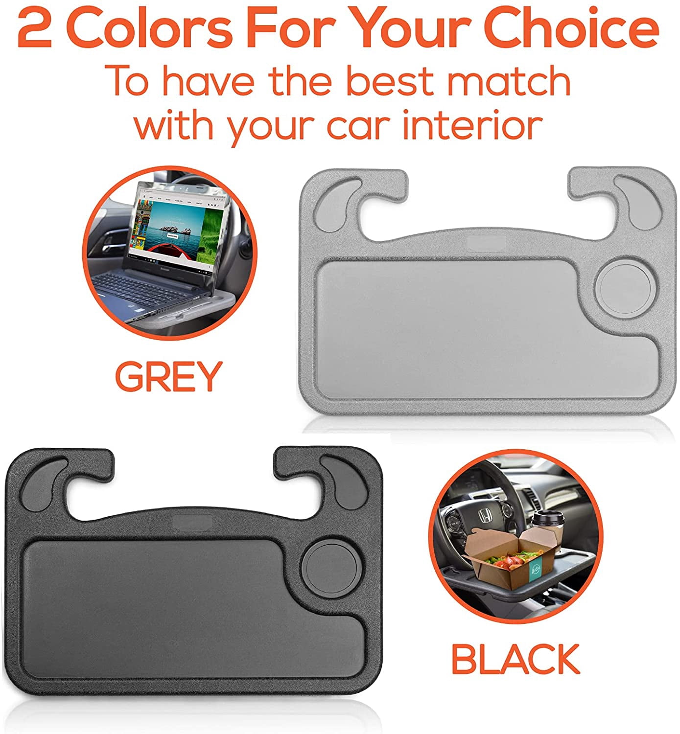 Trobo Steering Wheel Desk, Car Table for Writing, Laptop, Tablet Or iPad with Pen Slot, Food Eating Tray with Cup Holder, Hooks On Most Vehicle Steering Wheels, Car Accessories for Travelers, Grey