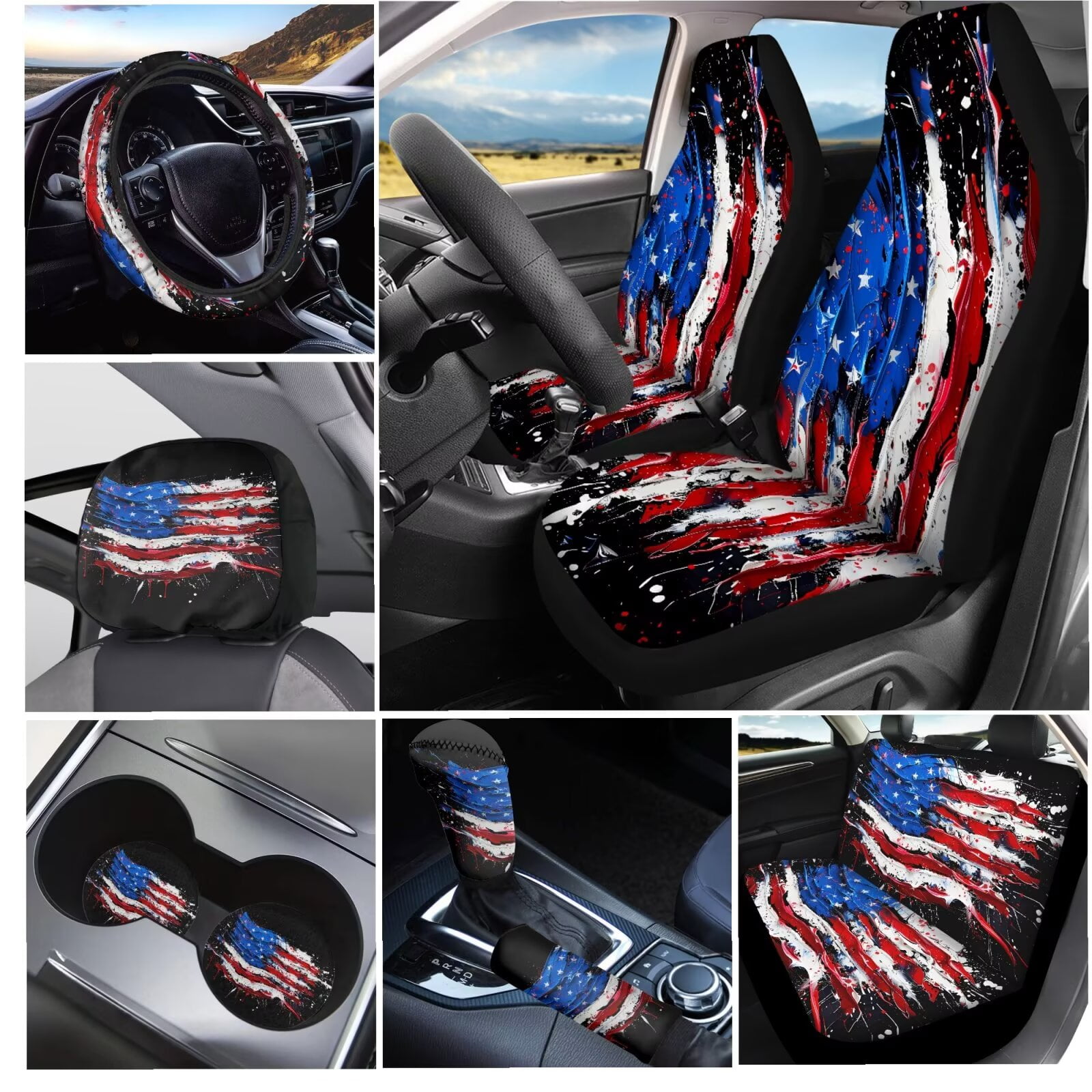 Garronmavis American Flag Seat Covers Full Set with Steering Wheel Wrap Gear Shift Cover Handbrake Sleeve Headrest Protectors Cup Coasters Decor Accessories Fit for Sedans Van Truck SUV