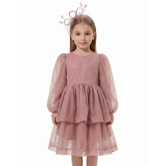 2Bunnies Girls' 2T-10yr Organza Long Sleeve Tiered Babydoll Skater Princess Flower Girl Dress