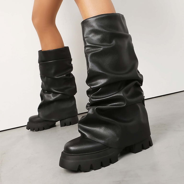 women's geima knee-high foldover slouch tall block heel dress boots GUESS Boot, Black 001, 5.5 The Geima wide calf boot by Guess brings a relaxed Guess Geima Knee-high Foldover Slouch