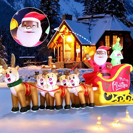Deekom【Black Santa】12' Christmas Inflatable Outdoor Decorations, Xmas Blow Up Santa Claus With Reindeers, Built-In Leds Yard Garden Festival Celebration
