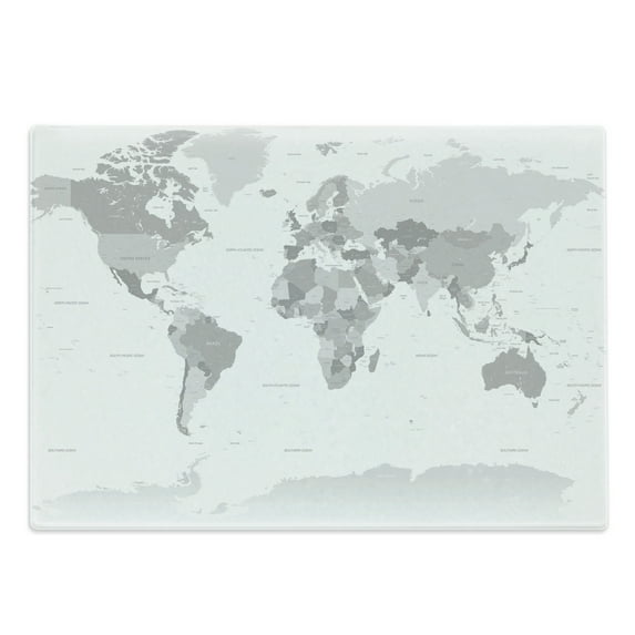 Grey Cutting Board, Detailed World Map with All Countries Major Capital Cities Universe Earth Continents, Decorative Tempered Glass Cutting and Serving Board, Large Size, White Grey, by Ambesonne