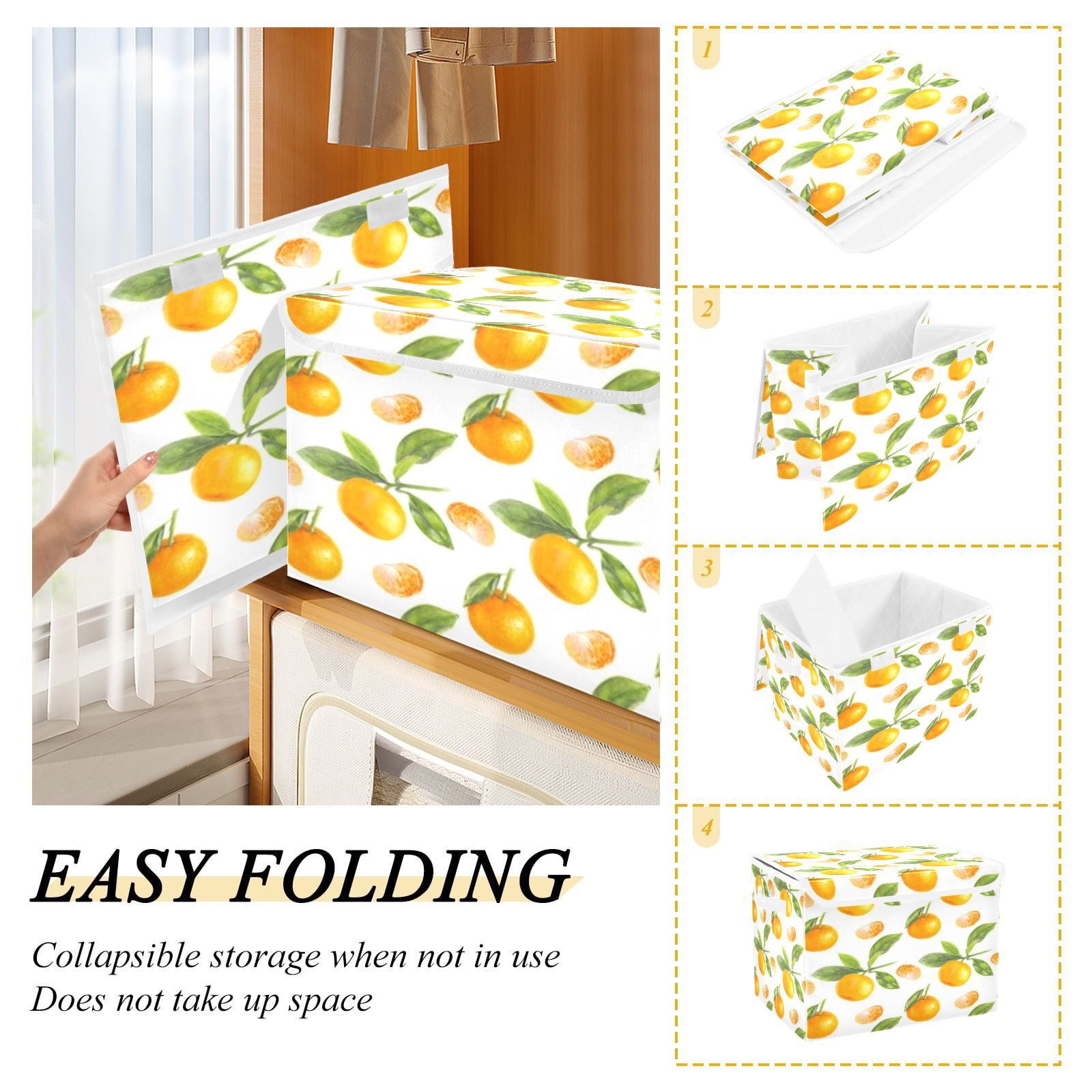 Orange citrus fruit pattern design Storage Bins with lid, Decorative Boxes for Shelves, Closet Organizer Basket with Handles, Large,