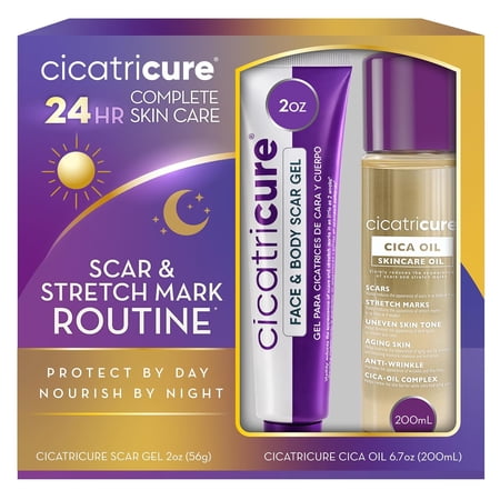 Cicatricure Scar Gel & Cica Oil Set for Scars & Stretch Marks, Gel 2 oz + Body Oil 200 mL, 2 Pc