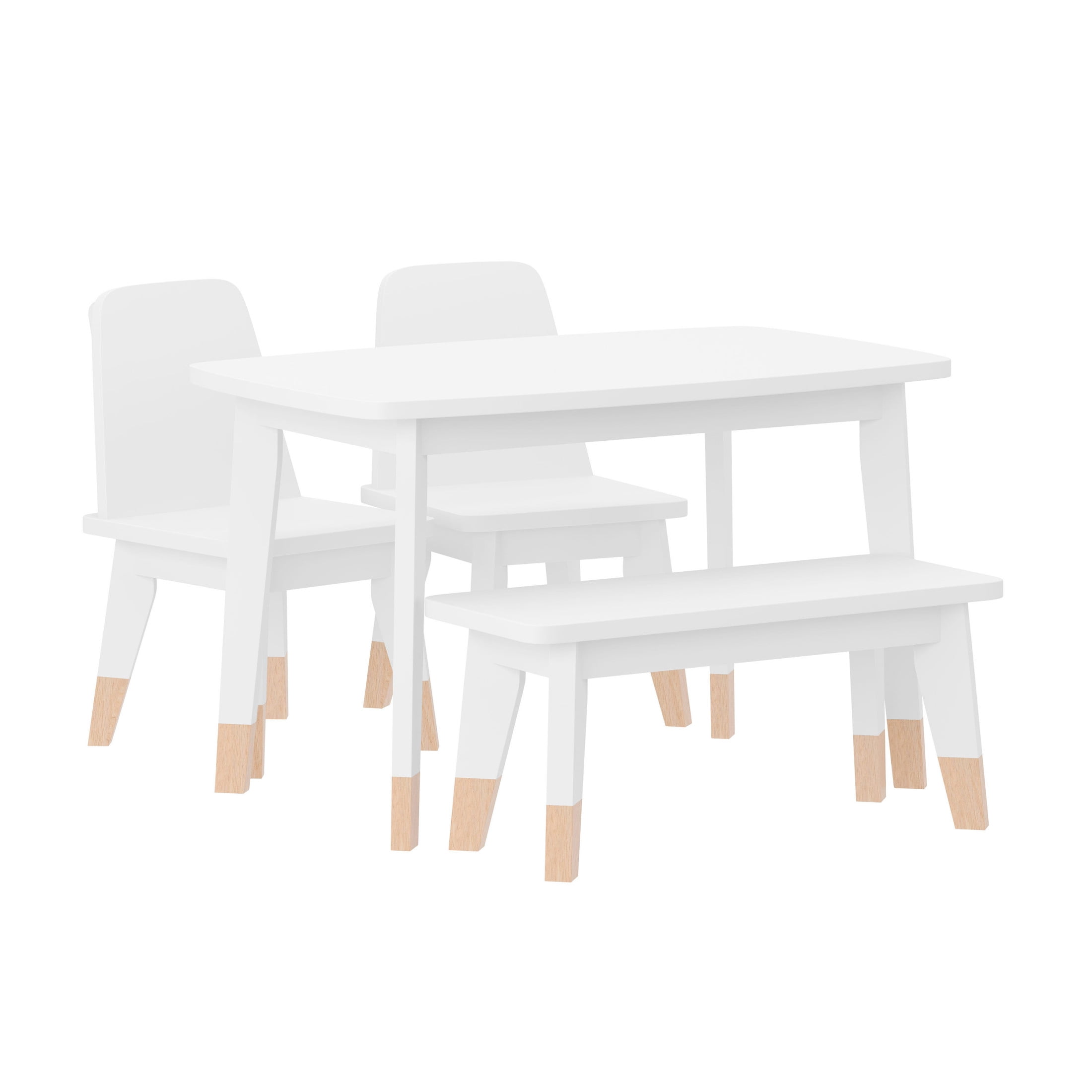 Buzz & Bloom Kids 4-Piece Wood Table, 2 Chairs, and Bench Seating Set with Rounded Corners, White/Natural