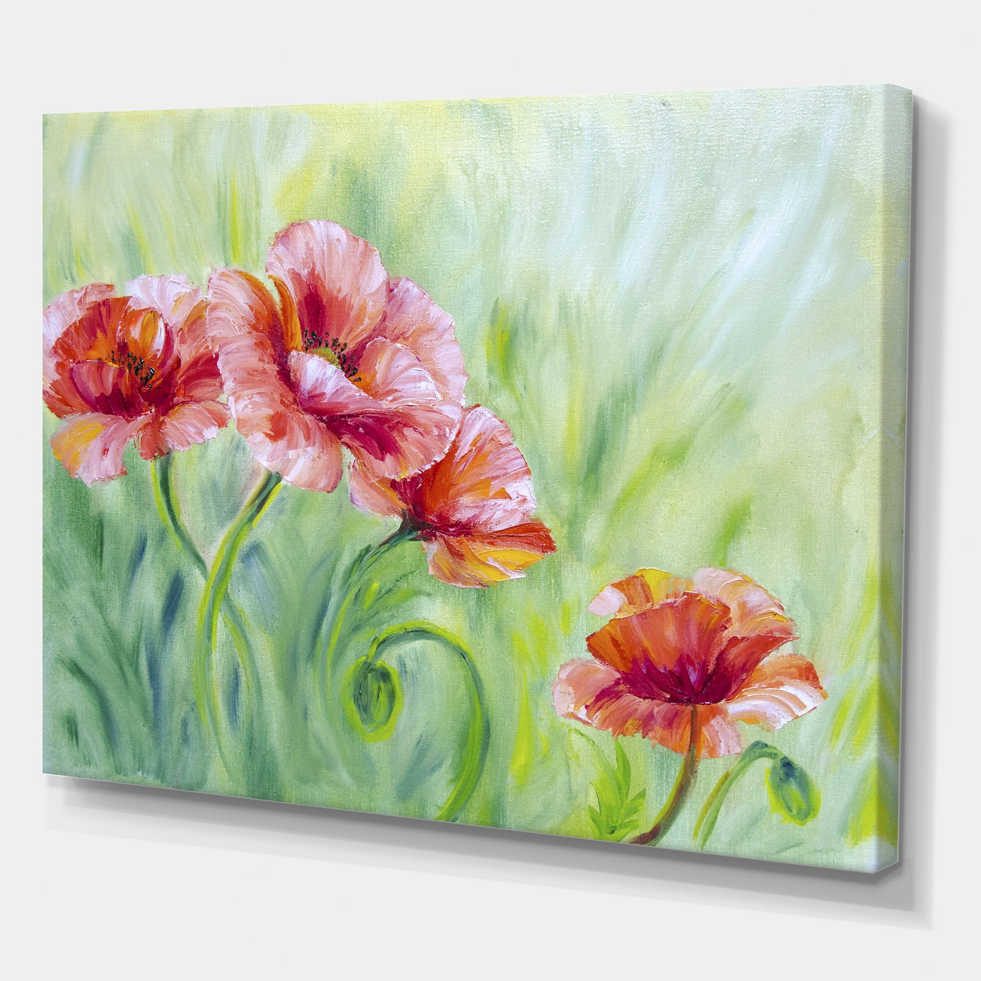 Designart ' Red Blossoming Poppies Over Wild Green II ' Traditional Canvas Wall Art Print