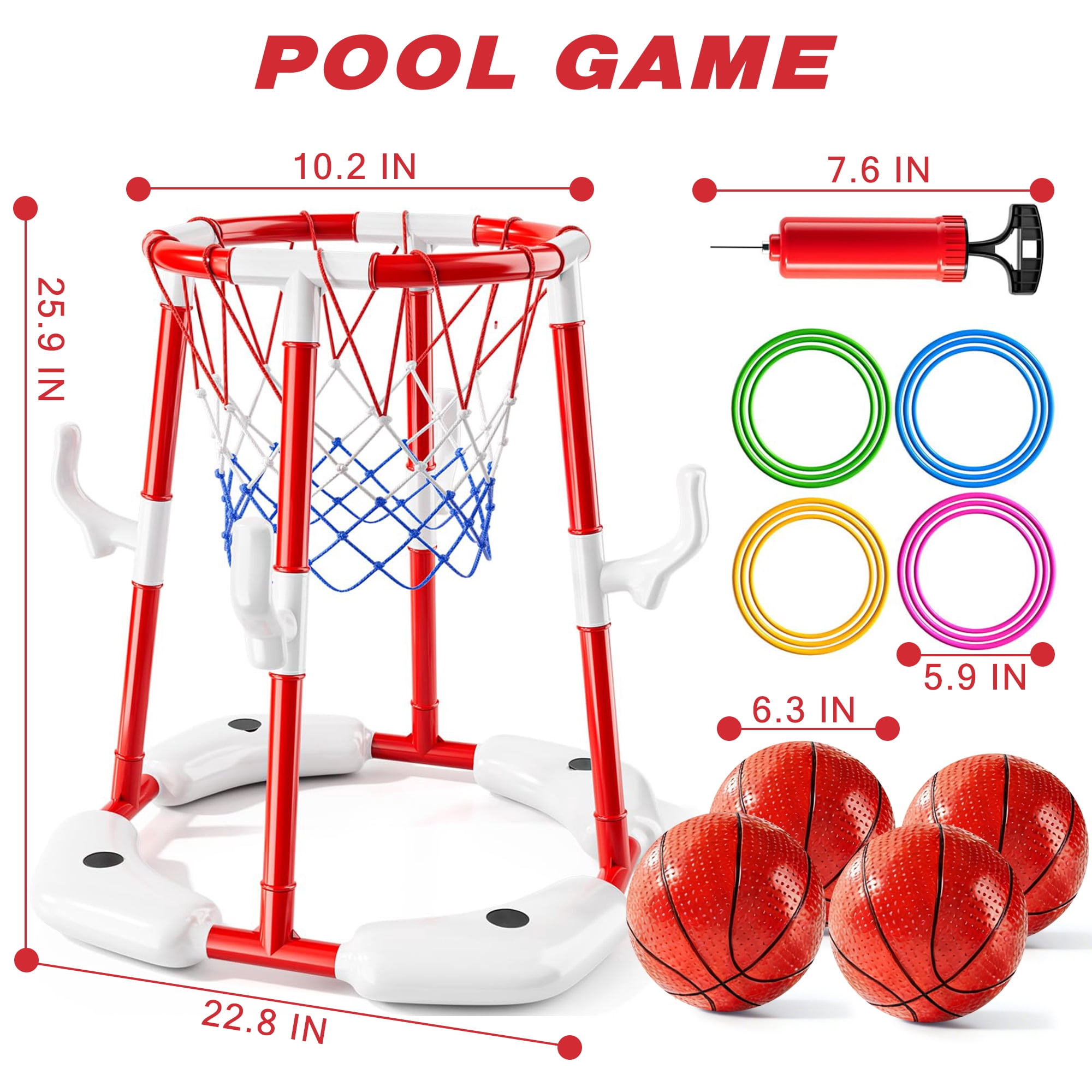 JBeeCtrl Pool Basketball Hoop Toys for Kids Ages 4-8 8-12 & Adult Floating Basketball Hoop Summer Outdoor Swimming Pool Games Water Play Toys Family Party for Kids（Red）