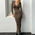 thumbnail image 2 of IROINNID Discount Long Sleeve Dress for Women Fall Dress Full-Length Formal Dress Versatile Turndown Collar Solid Color Tight Fitting Cutout Dress,Coffee, 2 of 8