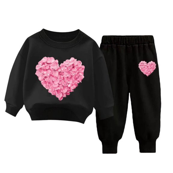 Mnyotv Heart Printed Sweatsuits Set Long Sleeve Crewneck Top Jogger Pants Fall Winter Outfits for Kid Girls Size 5-6 Years