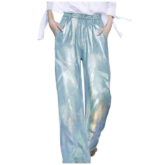 Aocisk Spring and Autumn Straight Pants Washed Light Colored Loose Jeans Street Pants Light Colored Jeans for Women Silver XXL