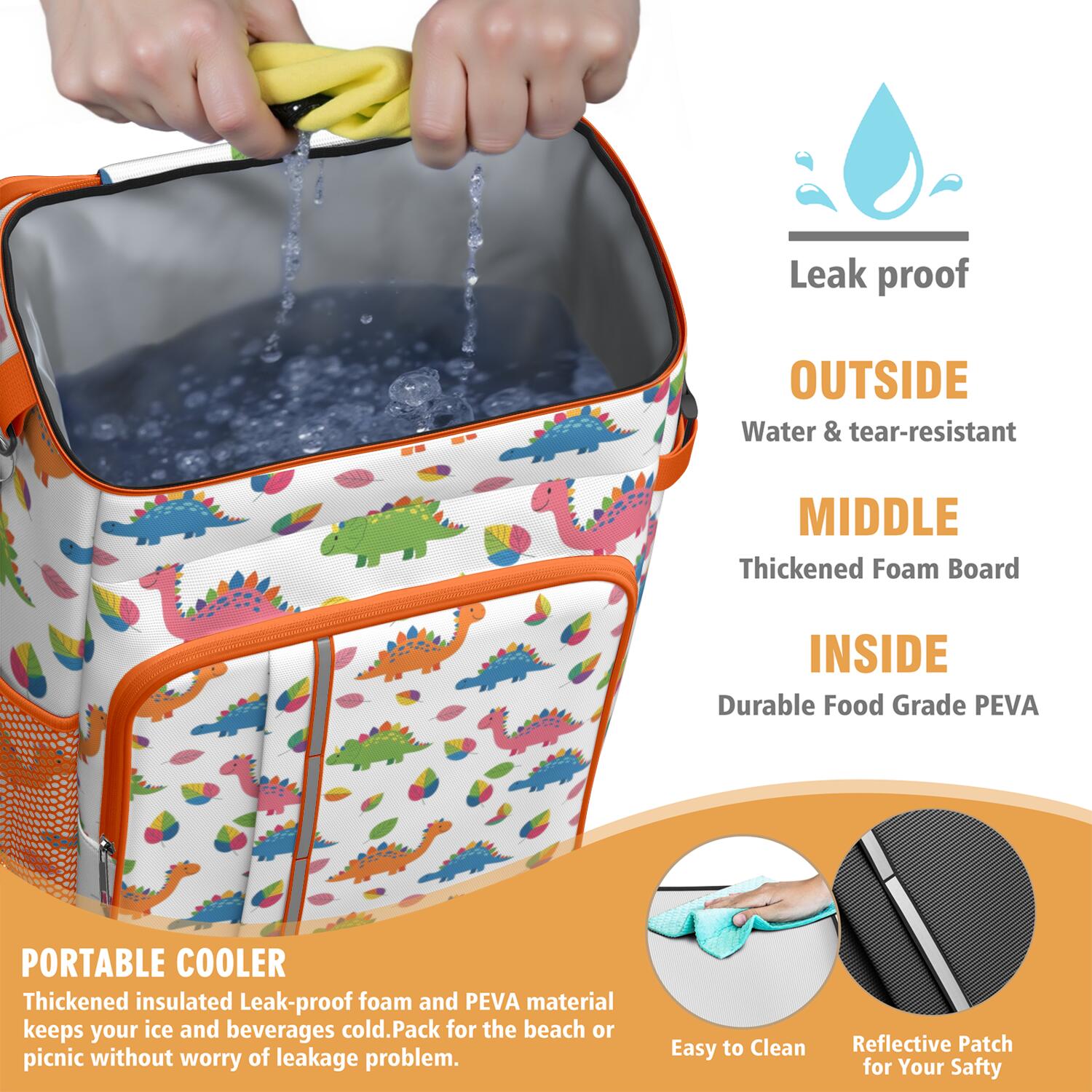 Travel Cooler Bag - White Dinosaurs Colorful Leaves Pattern Camping Beer Cooler Backpack with Bottle Opener- Waterproof Insulated Picnic Backpacks - Cooler Bag for Beach