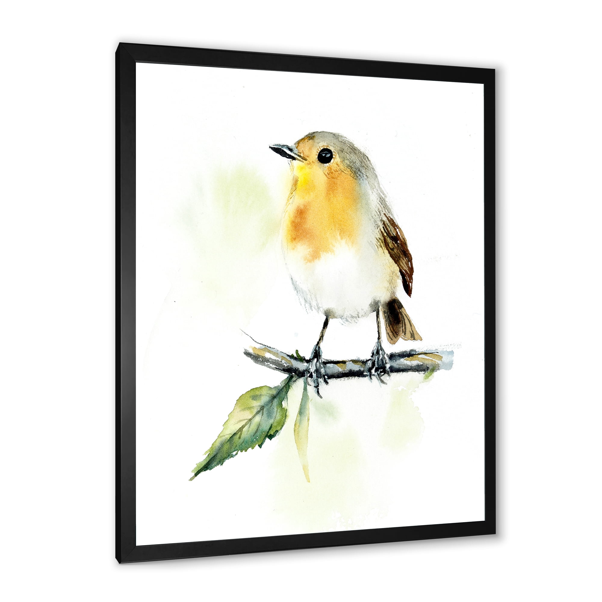Designart 'Little Robin Bird Sitting On A Branch' Traditional Framed Art Print