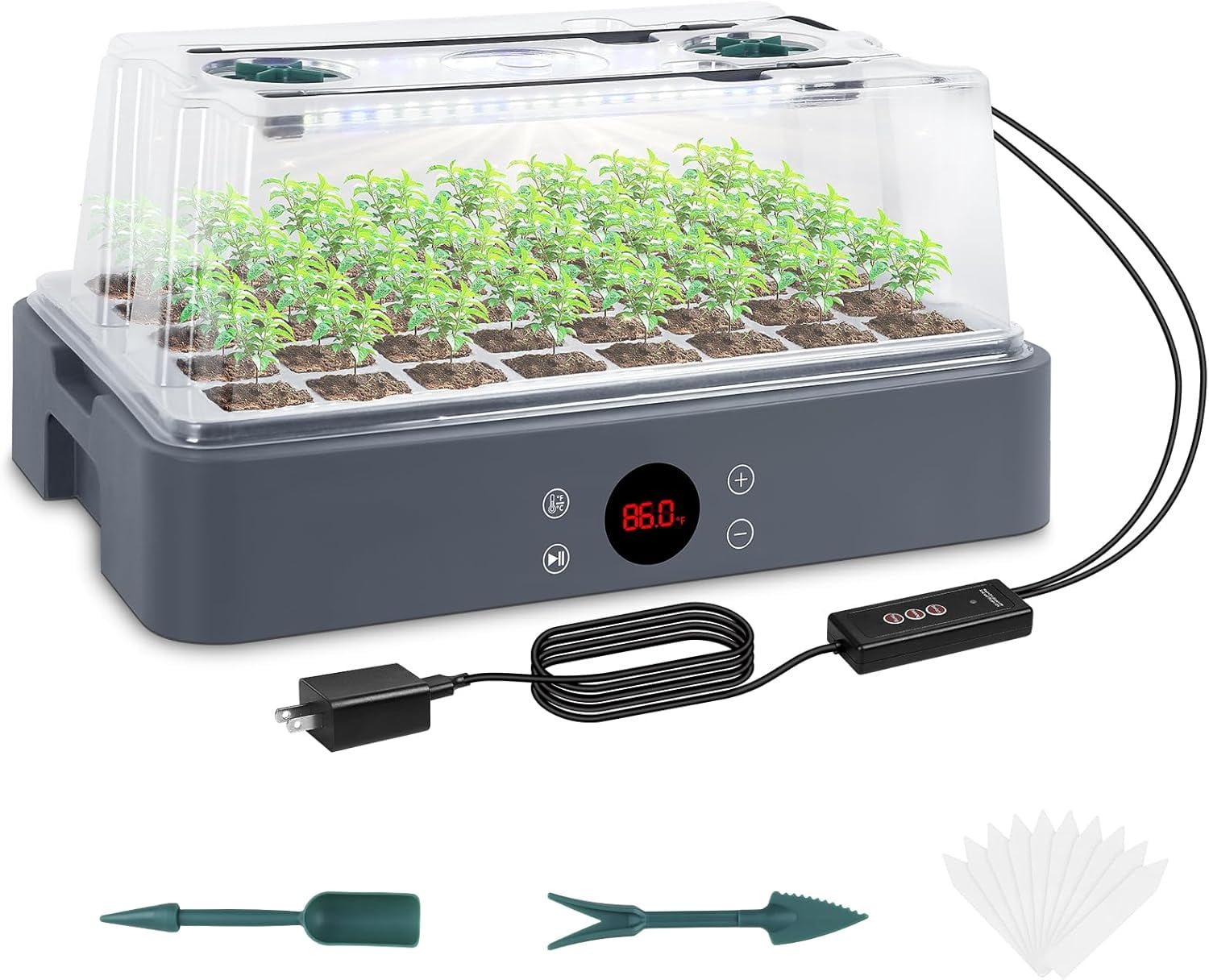 Adjustable Seed Starter Tray with Heated Germination Kit, Temperature Display, Humidity Dome, and Grow Light for Seedling Growth