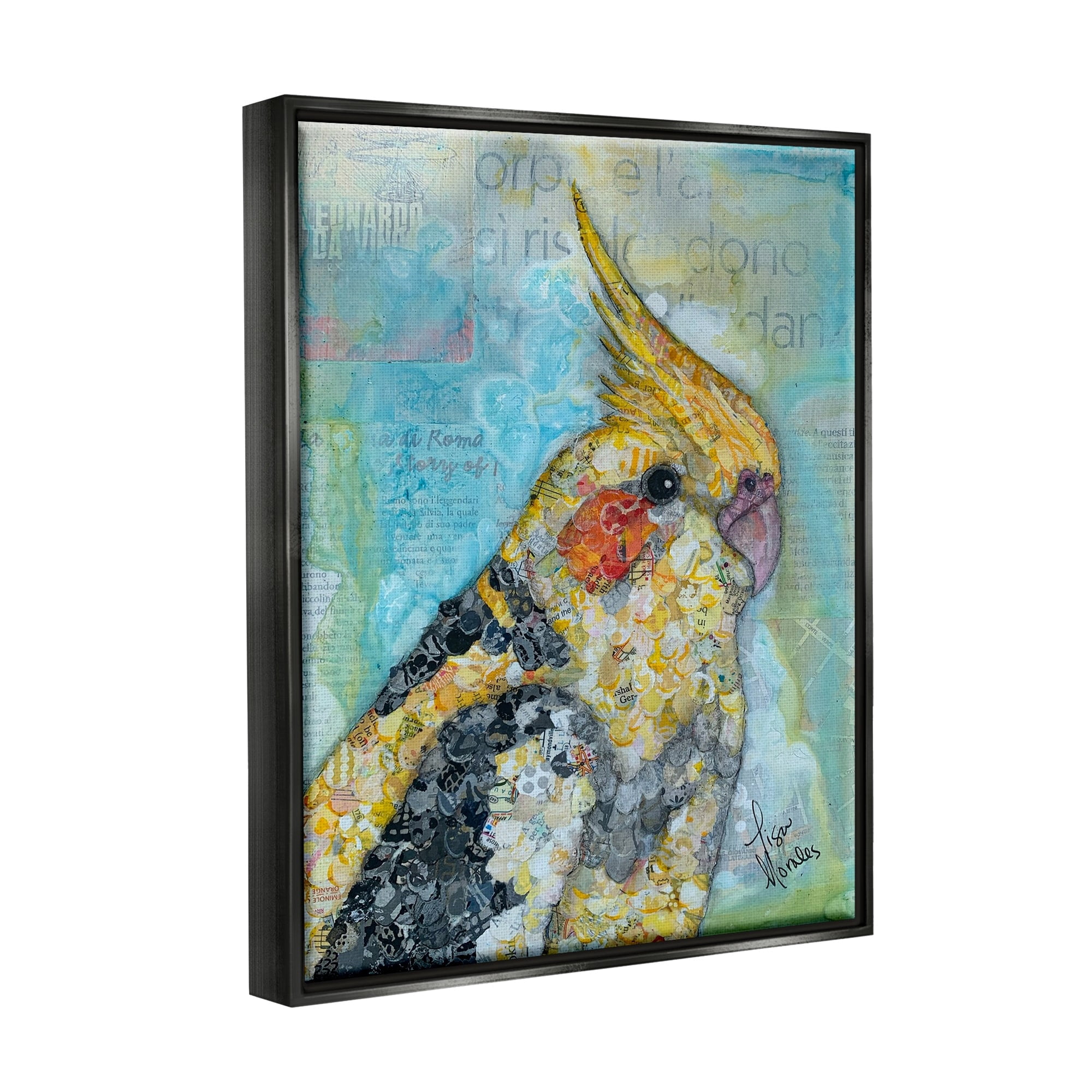 Stupell Industries Jolly Cockatiel Bird Assorted Layered Animal Collage Painting Jet Black Floating Framed Canvas Print Wall Art, Design by Lisa Morales
