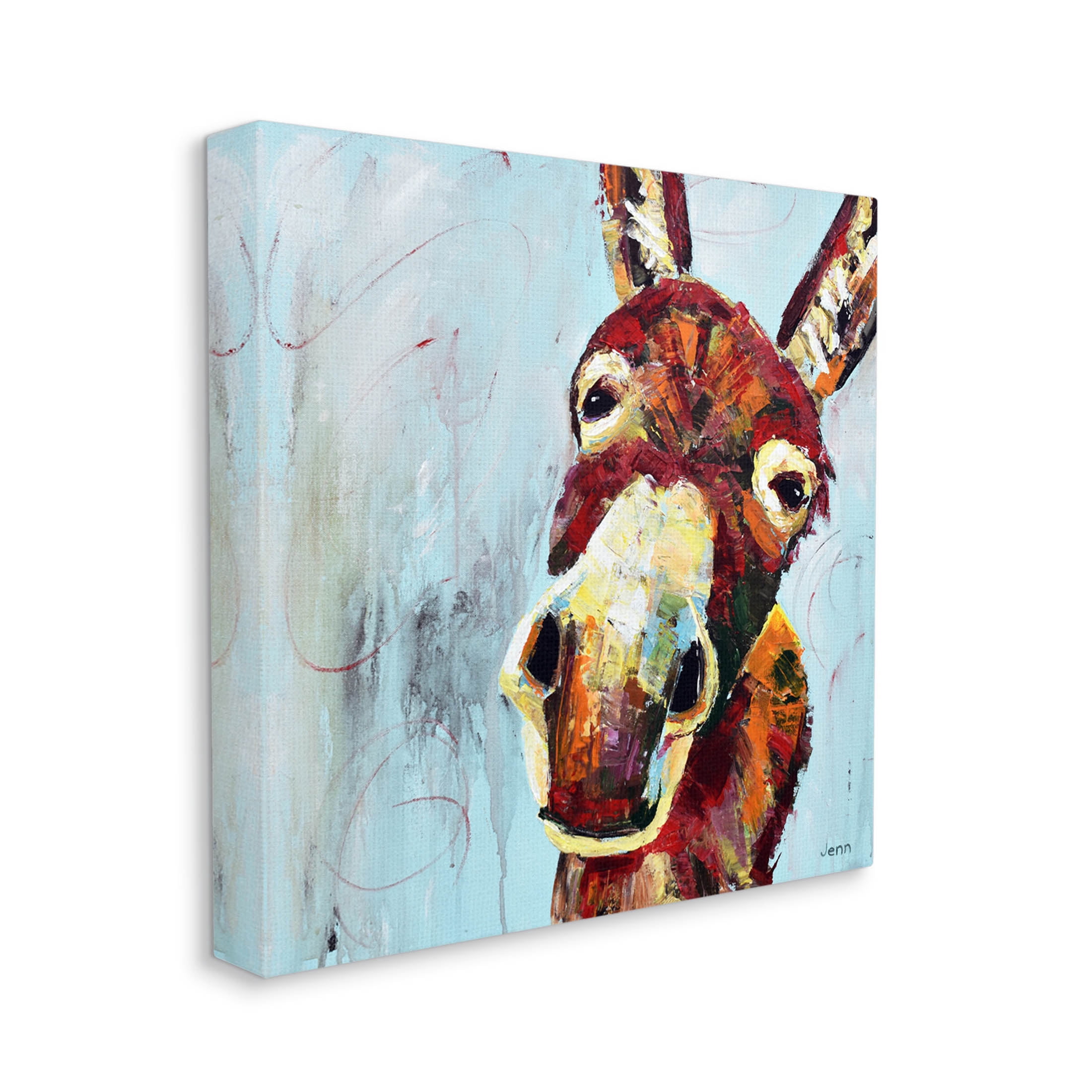 Donkey Face Blue Background Animals & Insects Painting Gallery Wrapped Canvas Print Wall Art
