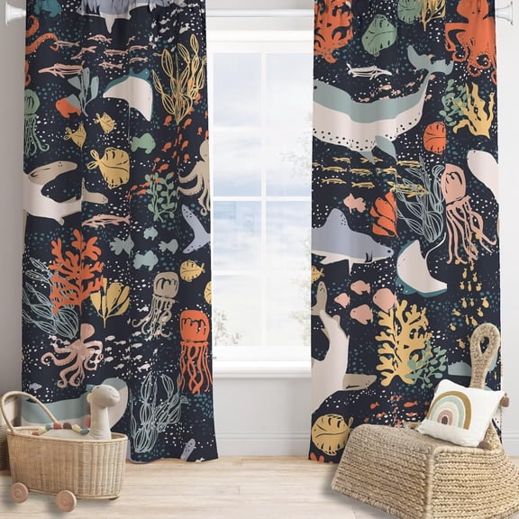 Kids Fish Blackout Curtains Cartoon Underwater Nature Cute Sea Animals Boys Girls Bedroom Living Room Bathroom Nursery Rod Pocket Decoration Window Drapes 2 Panels W42xL54in