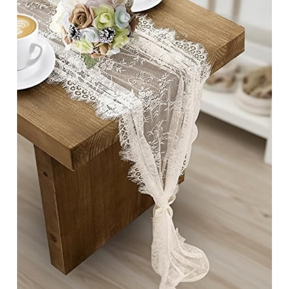 3-Piece White Embroidered Lace Table Runner Set, 14x120 Inch Boho Vintage Rustic Tablecloth for Wedding Party and Bridal Shower Decorations