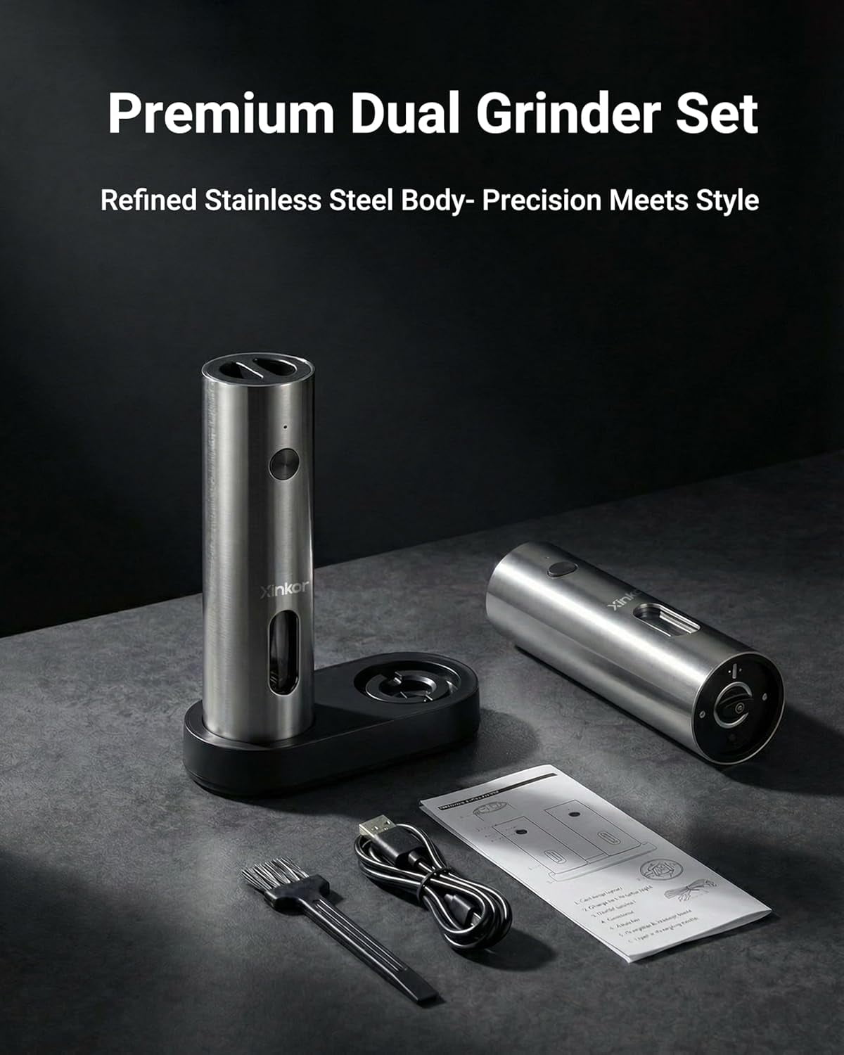 Electric Salt and Pepper Grinder Set with USB-C Charging Base, Stainless Steel Automatic Rechargeable Mill with LED Light & Large Capacity for Kitchen