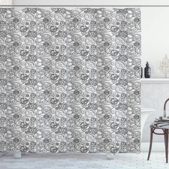 Steampunk Shower Curtain, Abstract Design of the Grey Toned Gears Working in Harmony Conceptual Image, Fabric Bathroom Set with Hooks, 69W X 84L Inches Extra Long, Grey and White, by Ambesonne