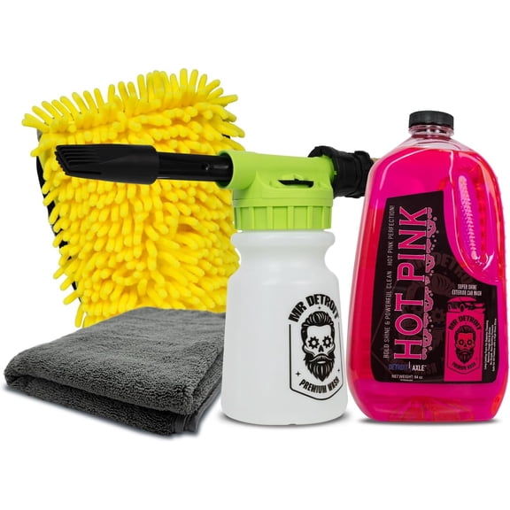 Mr. Detroit - 4pc Car Wash Kit with Foam Blaster, 64oz Car Wash Soap, Chenille Car Wash Glove, Drying Towel, Scratch-Free Foam Cannon Streak-Free Exterior Cleaning for Auto Detailing & Home Use