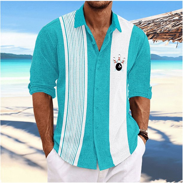 Camisas hawaianas de moda de verano 2024 con estampado de rayas retro de bolos, camisas de solapa de manga larga para hombres, camisas de vestir para hombres Vaion