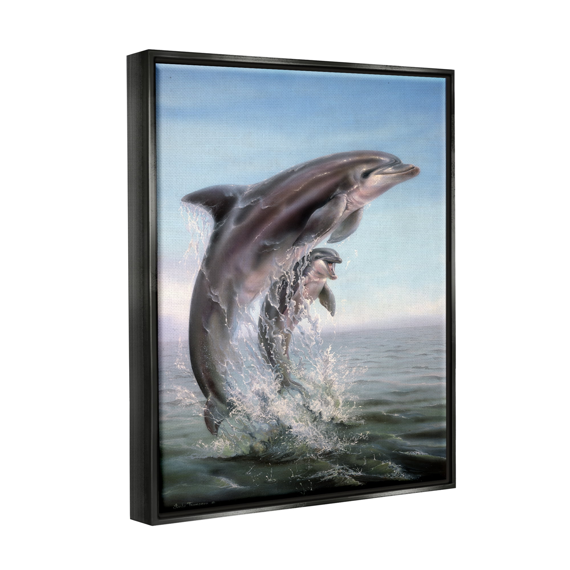 Stupell Industries Breaching Dolphins Water Splash Coastal Painting Black Floater Framed Art Print Wall Art
