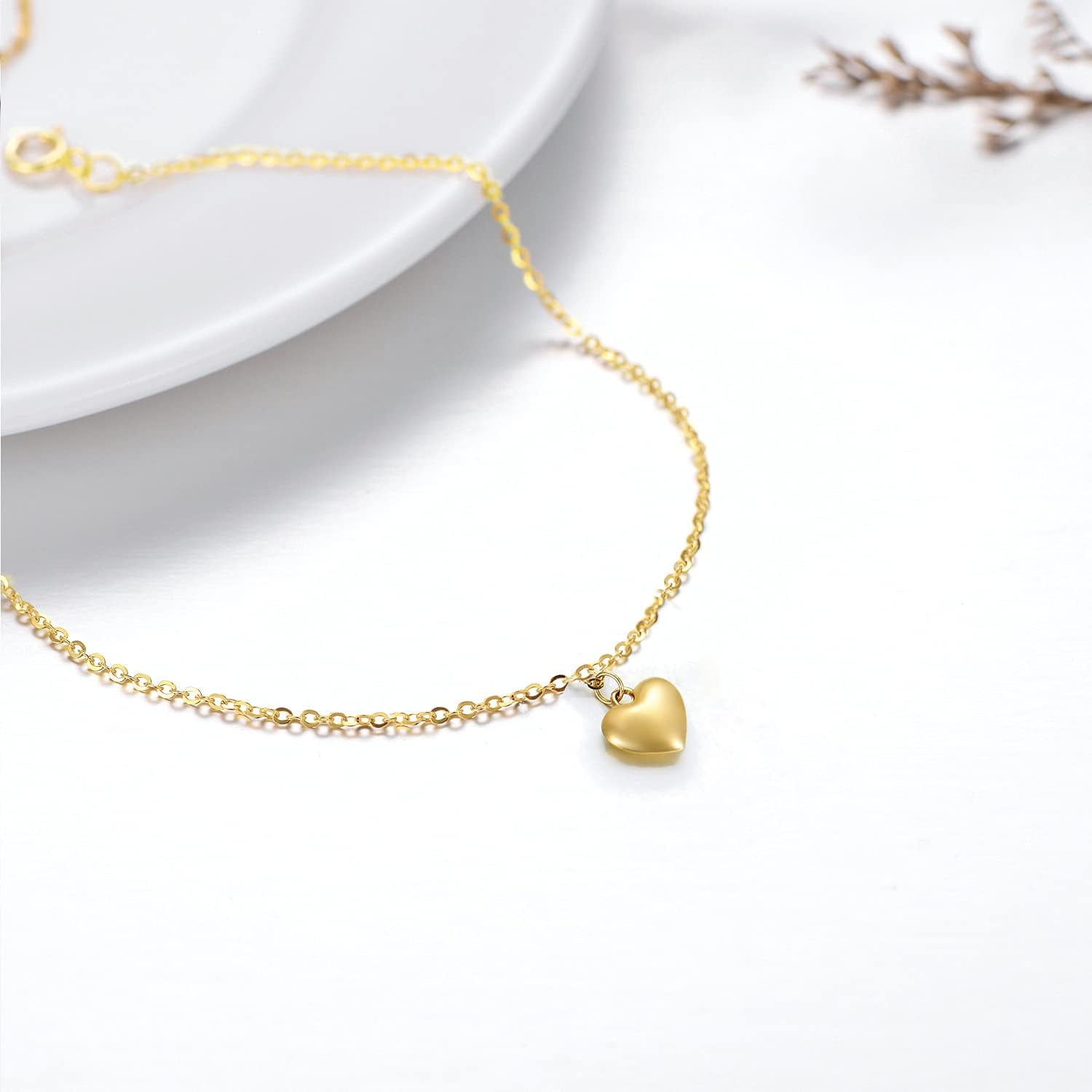 AOBOCO Real 14k Gold Puff Heart Anklet for Women, Love Ankle Bracelet Foot Jewelry Gifts for Her, 9+1+1 Inch