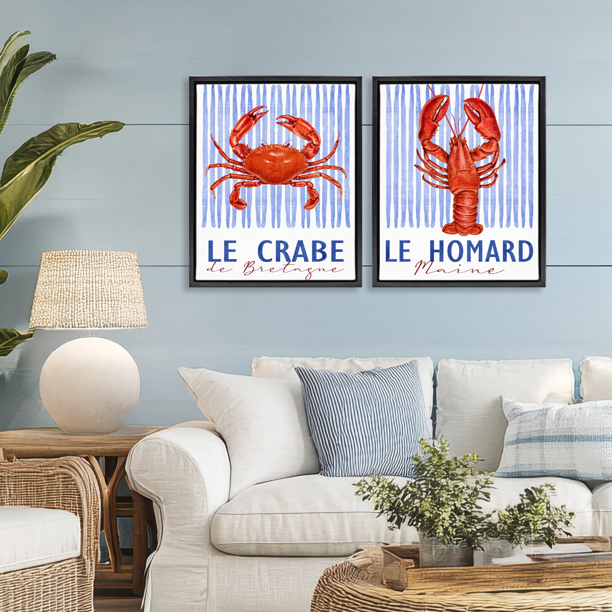 Stupell Industries Nautical Stripes Sea Creatures 2 Piece Black Framed Floater Canvas Set, design by Kim Allen