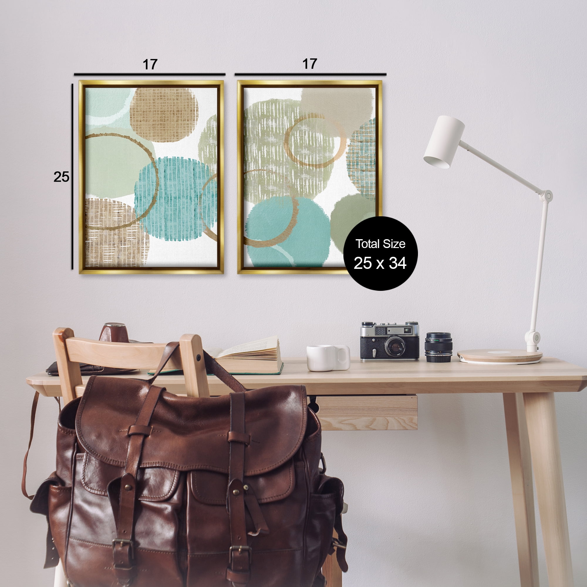 Stupell Industries Textured Layered Aqua Circles Abstract Painting Gold Floater Framed Canvas Art Print Wall Art, 17 x 25, Set of 2