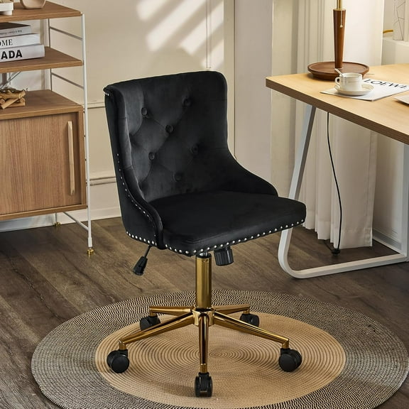HYJY Black Velvet Armless Home Office Desk Chair with Gold Base/Wheels, Small Cute Vanity/Makeup Chair with Back for Bedroom, Upholstered Adjustable Rolling Swivel Nail Chair for Women/Girls