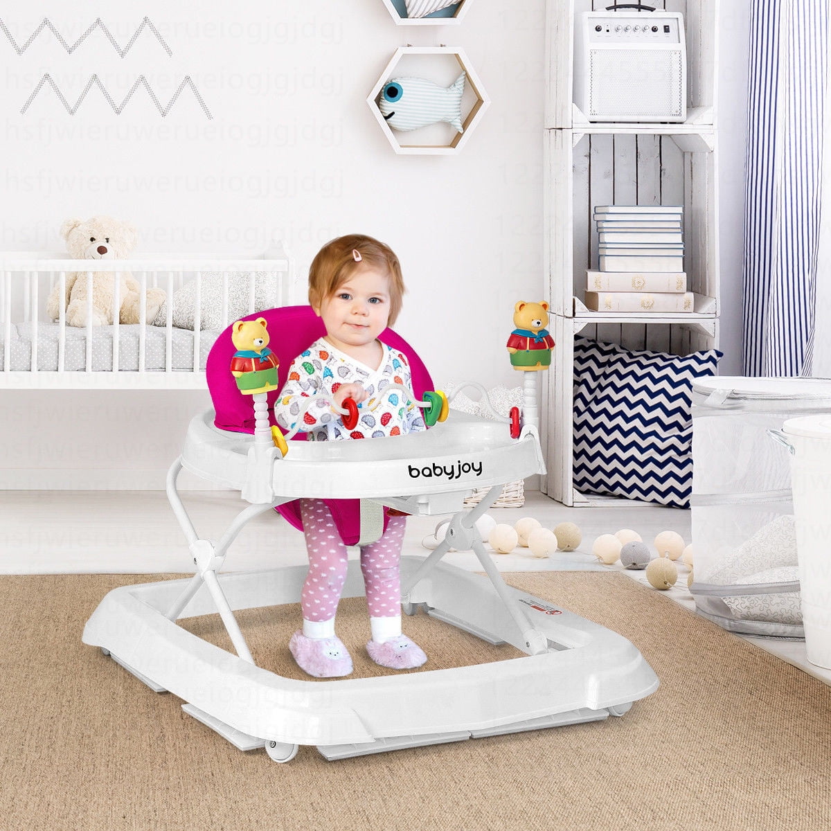 Costway Baby Walker Adjustable Height Removable Toy Wheels Folding Portable Pink