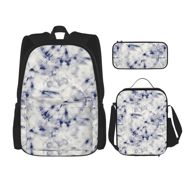 Easygdp Indigo Tie Dye Mochila para Niños y Niñas con Set de Caja de Almuerzo y Estuche para Lápices 3 en 1, Mochila Escolar Estampada para Adolescentes
