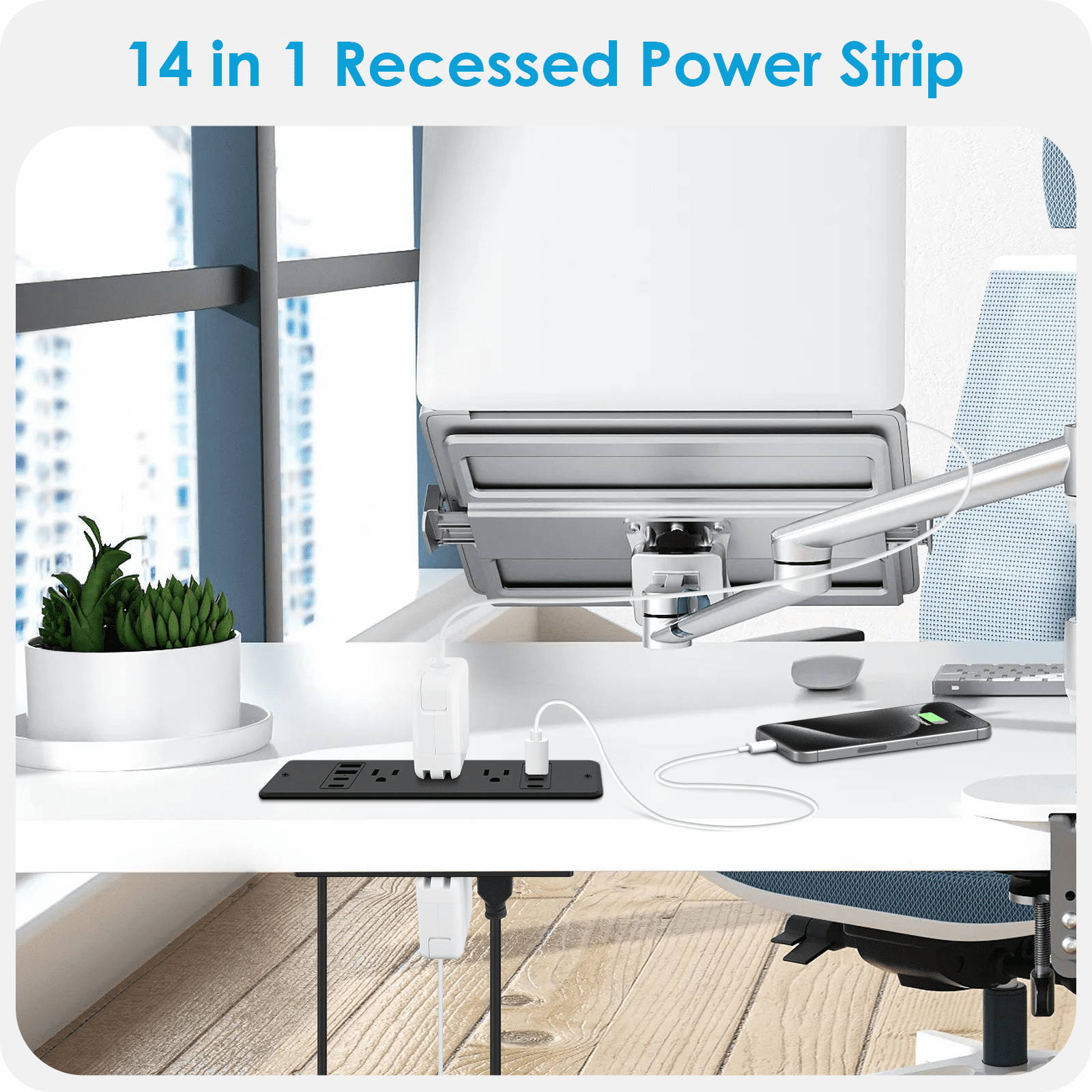 VILONG Recessed Power Strip with Usb-C (20W Fast Charging), 6 AC Outlets + 8 USB Ports, 45° Flat Plug, 6-Foot Cord – Ideal for Home Office, Desk Organization(Black)